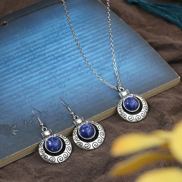 BOHO Style Tribal Earring and Necklace Set, Blue Stone - Picture 2 of 5